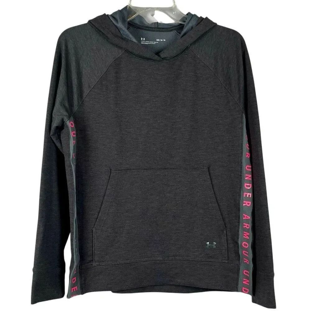 Under Armour Women’s Gray Pullover Hoodie Pink Vinyl Lettering Mesh Panels Mediu